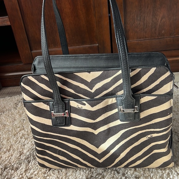 Coach Tote zebra print in tan & black leather trim & handles EUC - Picture 5 of 13